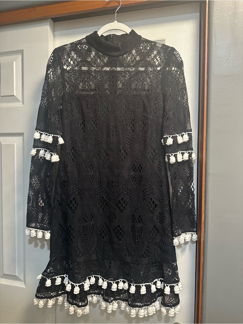 Alexis Black Lace Long-Sleeve Dress with White Tassel Trim